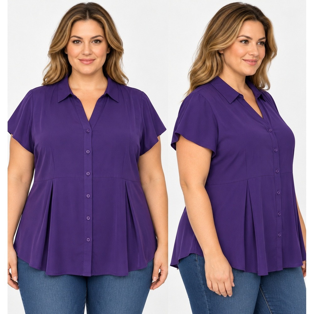 Dana Buchman Purple Pleated Peplum Button Down Blouse Short Sleeve 2X WB71W230PS
